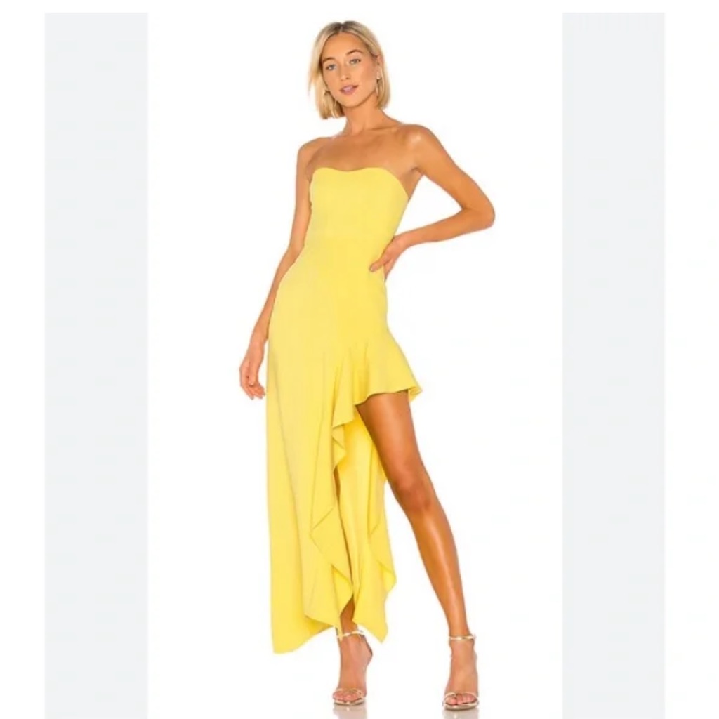 Nbd Gown Floreena Maxi Dress Strapless High Low Ruffle Slit In Yellow Xs